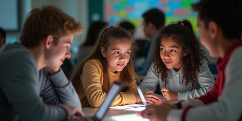 Students engaging with online learning on laptops